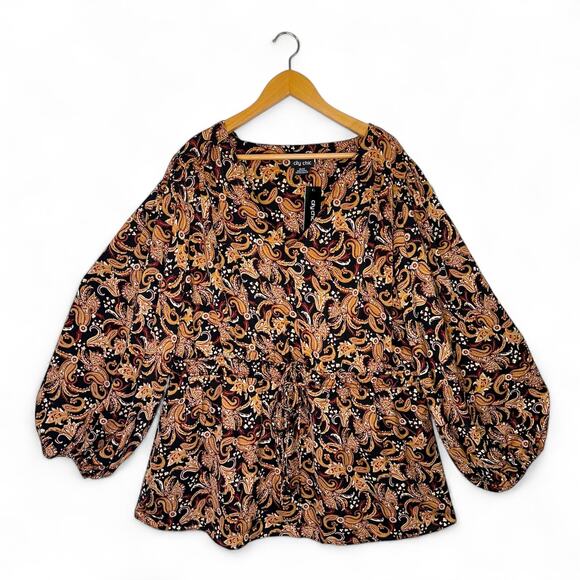 City Chic Women's Plus Size Aubree Print Shirt Size XL US 22 Black Gold Paisley - Picture 2 of 11